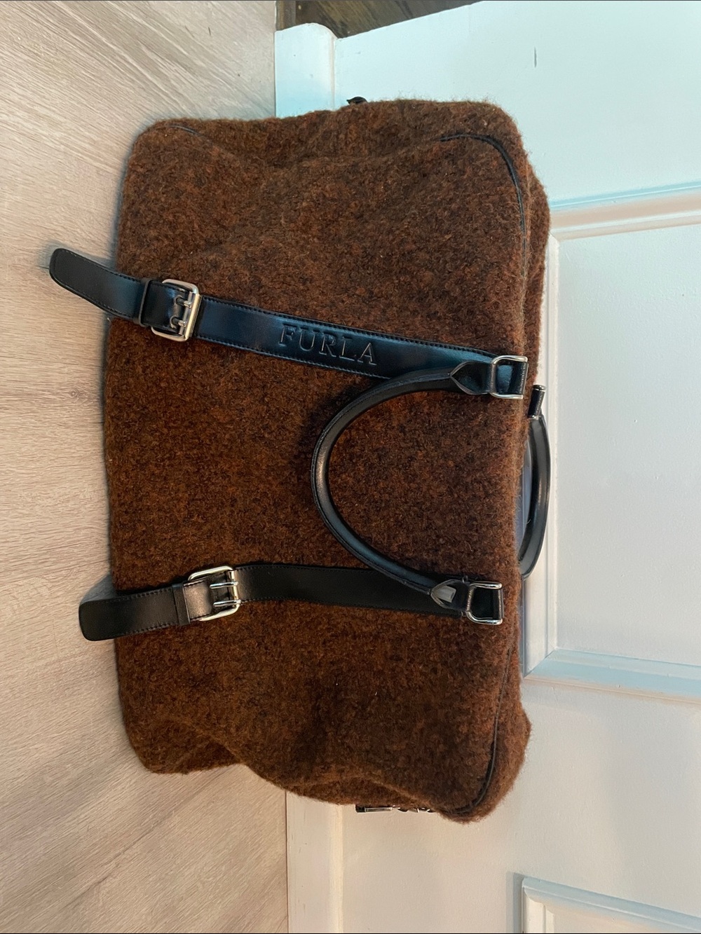 Furla Brown Wool Travel Bag with Black Leather Trim